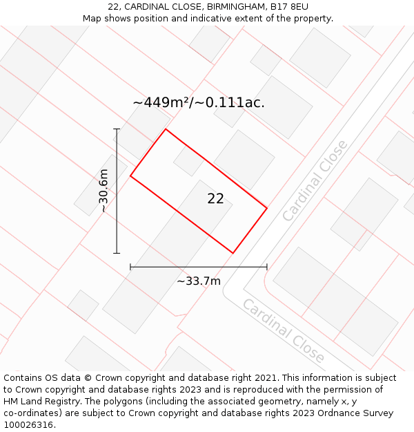 22, CARDINAL CLOSE, BIRMINGHAM, B17 8EU: Plot and title map