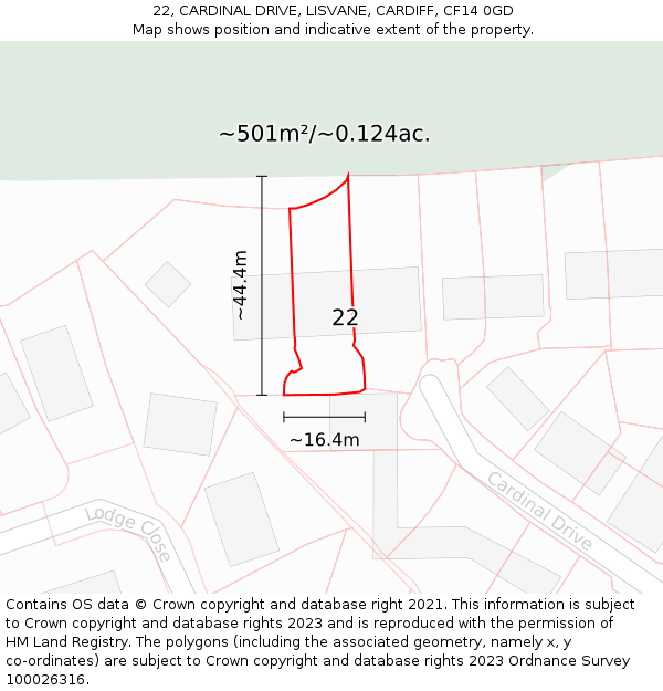 22, CARDINAL DRIVE, LISVANE, CARDIFF, CF14 0GD: Plot and title map