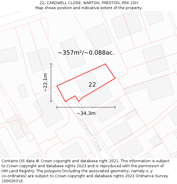 22, CARDWELL CLOSE, WARTON, PRESTON, PR4 1SH: Plot and title map