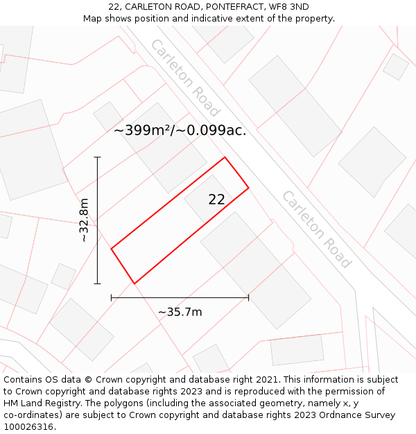 22, CARLETON ROAD, PONTEFRACT, WF8 3ND: Plot and title map