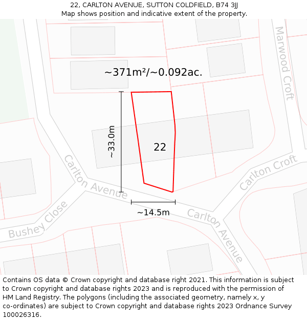 22, CARLTON AVENUE, SUTTON COLDFIELD, B74 3JJ: Plot and title map