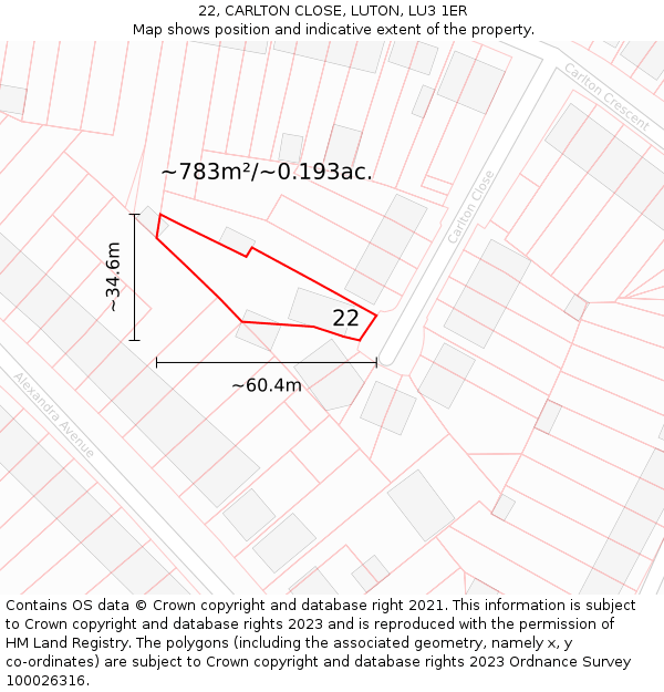 22, CARLTON CLOSE, LUTON, LU3 1ER: Plot and title map