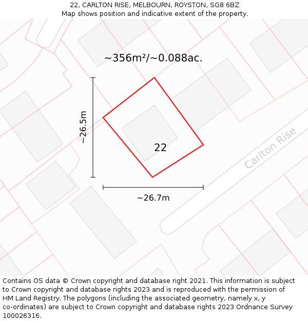 22, CARLTON RISE, MELBOURN, ROYSTON, SG8 6BZ: Plot and title map