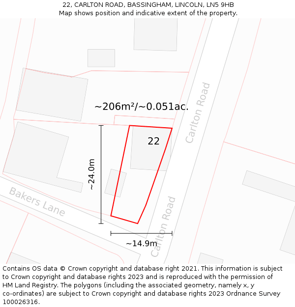 22, CARLTON ROAD, BASSINGHAM, LINCOLN, LN5 9HB: Plot and title map