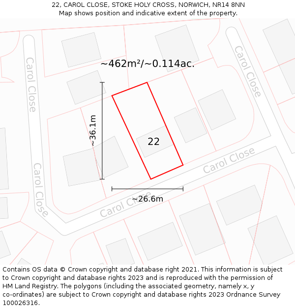 22, CAROL CLOSE, STOKE HOLY CROSS, NORWICH, NR14 8NN: Plot and title map