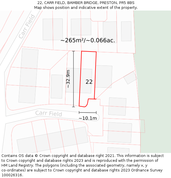 22, CARR FIELD, BAMBER BRIDGE, PRESTON, PR5 8BS: Plot and title map
