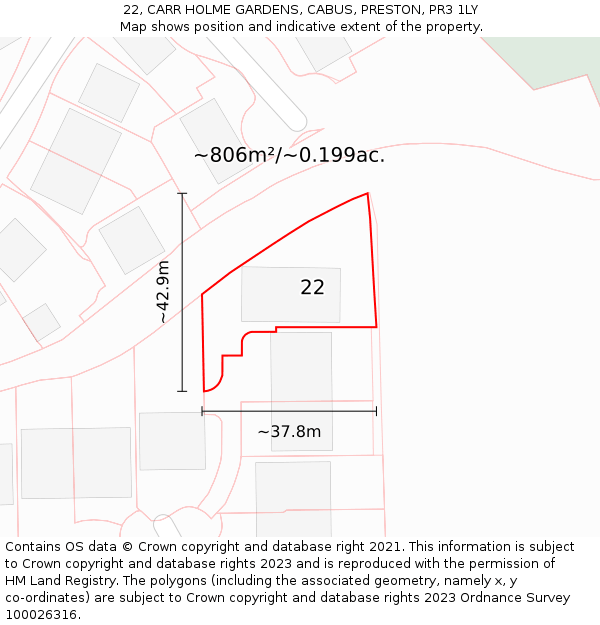 22, CARR HOLME GARDENS, CABUS, PRESTON, PR3 1LY: Plot and title map