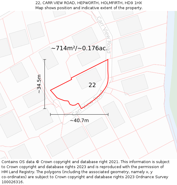 22, CARR VIEW ROAD, HEPWORTH, HOLMFIRTH, HD9 1HX: Plot and title map