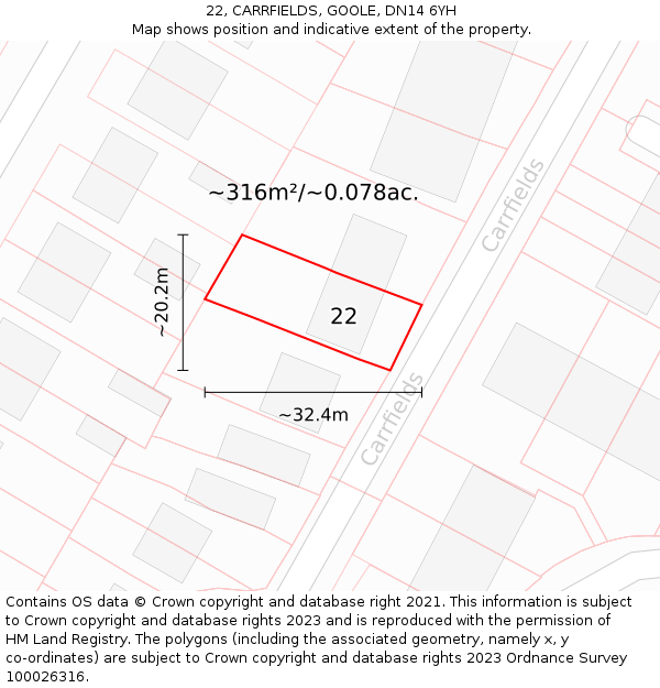 22, CARRFIELDS, GOOLE, DN14 6YH: Plot and title map