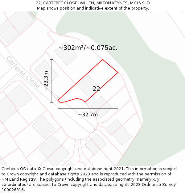 22, CARTERET CLOSE, WILLEN, MILTON KEYNES, MK15 9LD: Plot and title map