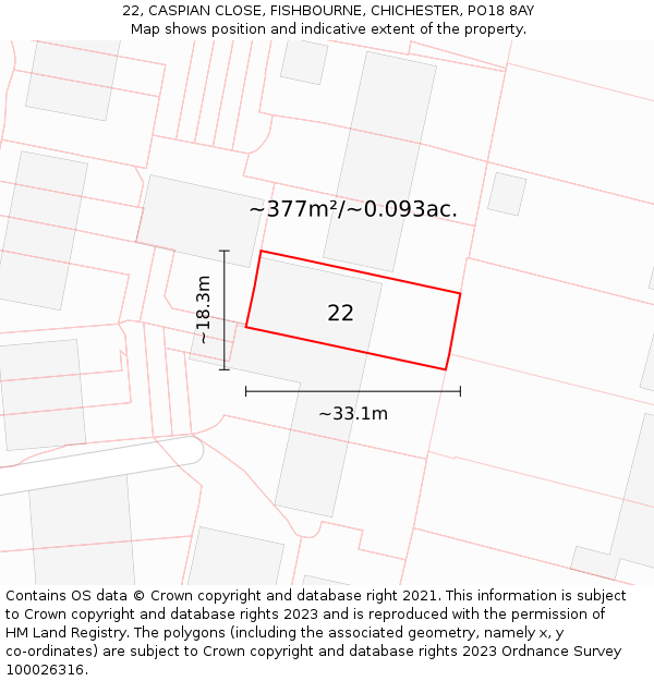 22, CASPIAN CLOSE, FISHBOURNE, CHICHESTER, PO18 8AY: Plot and title map