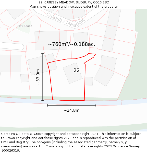 22, CATESBY MEADOW, SUDBURY, CO10 2BD: Plot and title map