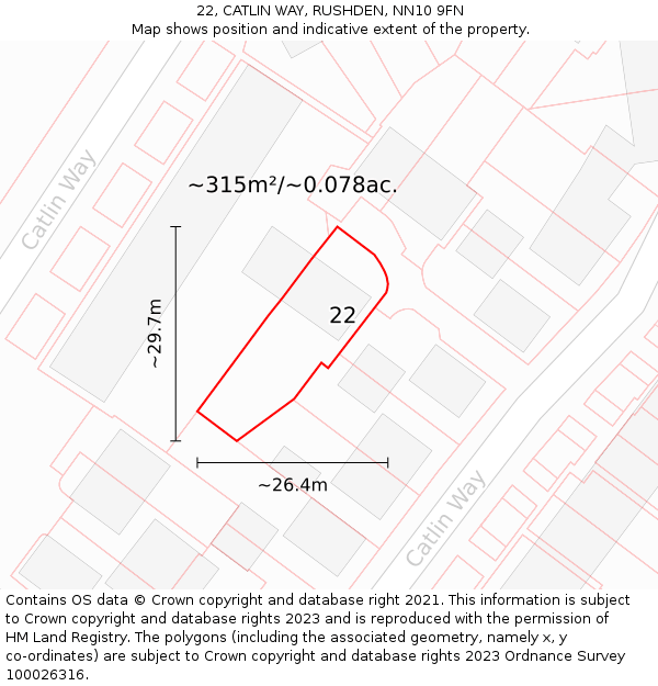 22, CATLIN WAY, RUSHDEN, NN10 9FN: Plot and title map