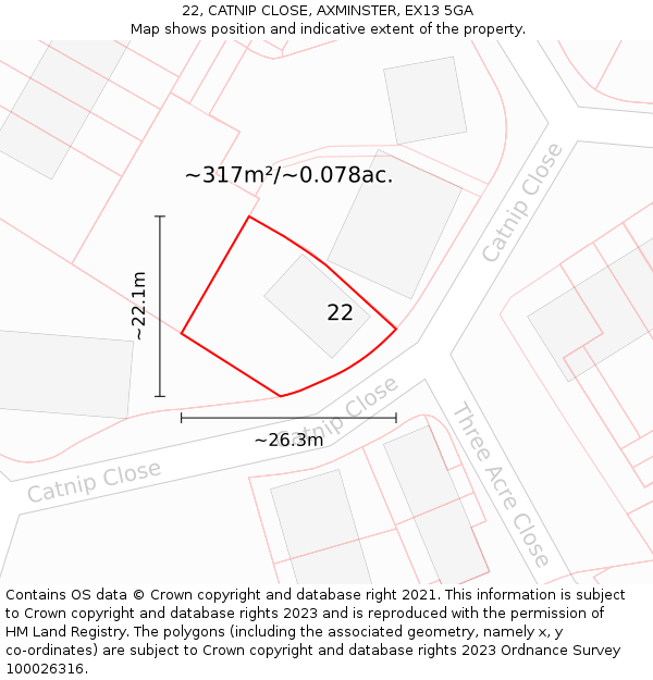 22, CATNIP CLOSE, AXMINSTER, EX13 5GA: Plot and title map