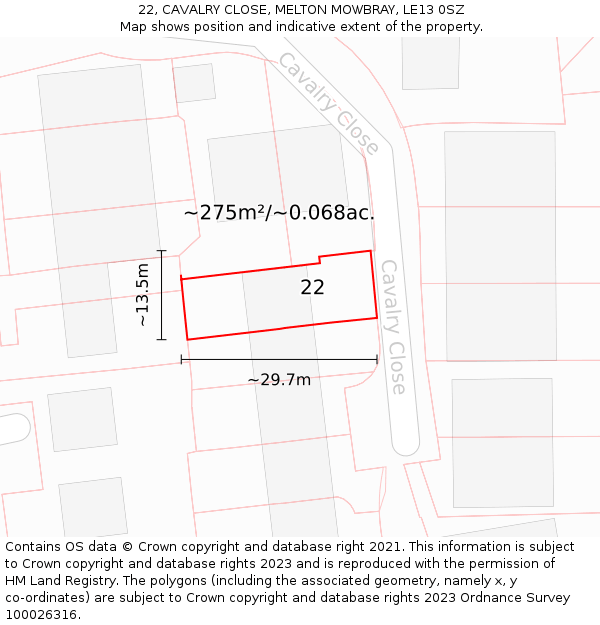 22, CAVALRY CLOSE, MELTON MOWBRAY, LE13 0SZ: Plot and title map
