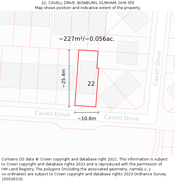 22, CAVELL DRIVE, BOWBURN, DURHAM, DH6 5FE: Plot and title map