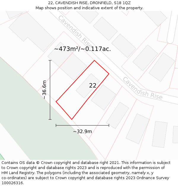 22, CAVENDISH RISE, DRONFIELD, S18 1QZ: Plot and title map