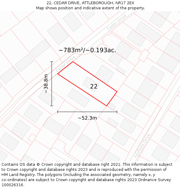 22, CEDAR DRIVE, ATTLEBOROUGH, NR17 2EX: Plot and title map
