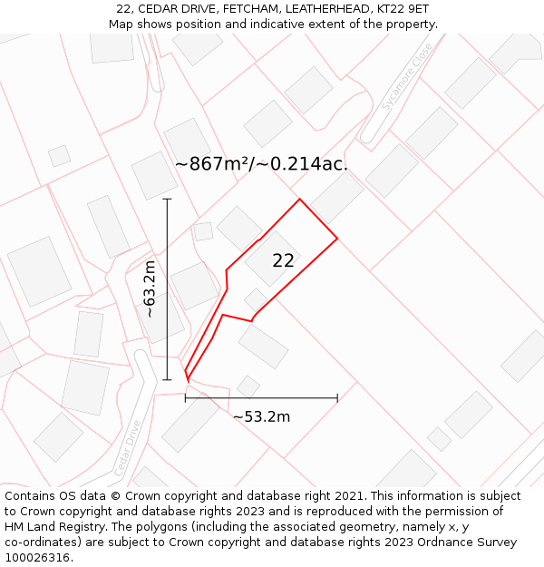 22, CEDAR DRIVE, FETCHAM, LEATHERHEAD, KT22 9ET: Plot and title map