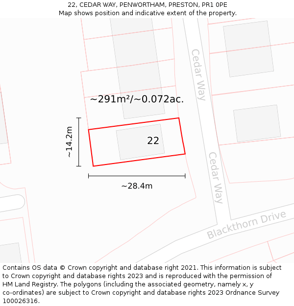 22, CEDAR WAY, PENWORTHAM, PRESTON, PR1 0PE: Plot and title map