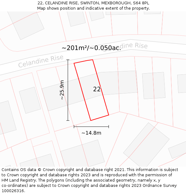22, CELANDINE RISE, SWINTON, MEXBOROUGH, S64 8PL: Plot and title map