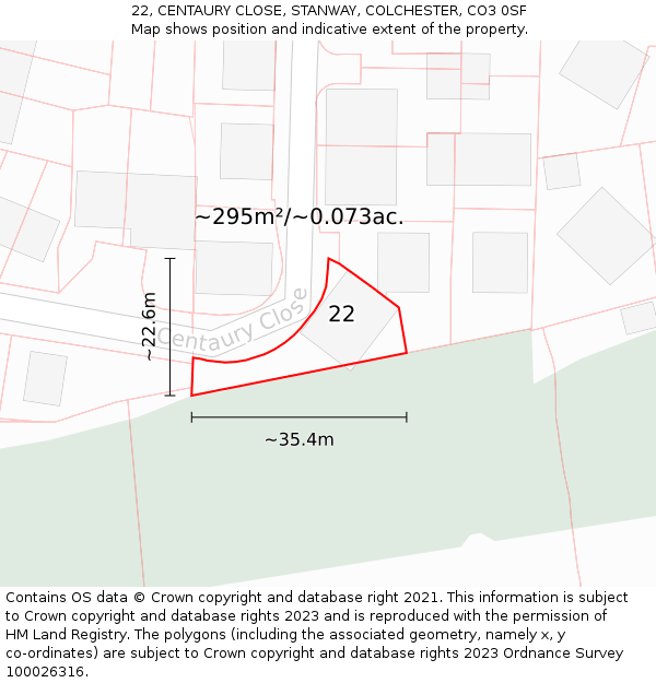 22, CENTAURY CLOSE, STANWAY, COLCHESTER, CO3 0SF: Plot and title map