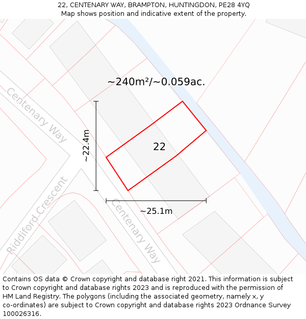 22, CENTENARY WAY, BRAMPTON, HUNTINGDON, PE28 4YQ: Plot and title map