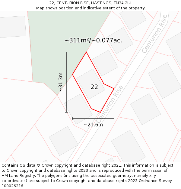 22, CENTURION RISE, HASTINGS, TN34 2UL: Plot and title map