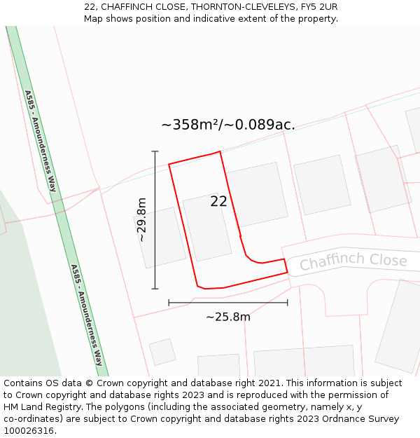 22, CHAFFINCH CLOSE, THORNTON-CLEVELEYS, FY5 2UR: Plot and title map
