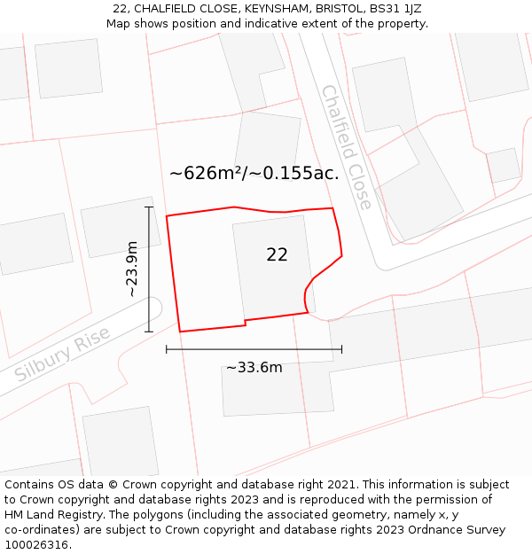 22, CHALFIELD CLOSE, KEYNSHAM, BRISTOL, BS31 1JZ: Plot and title map