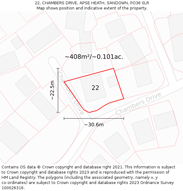 22, CHAMBERS DRIVE, APSE HEATH, SANDOWN, PO36 0LR: Plot and title map