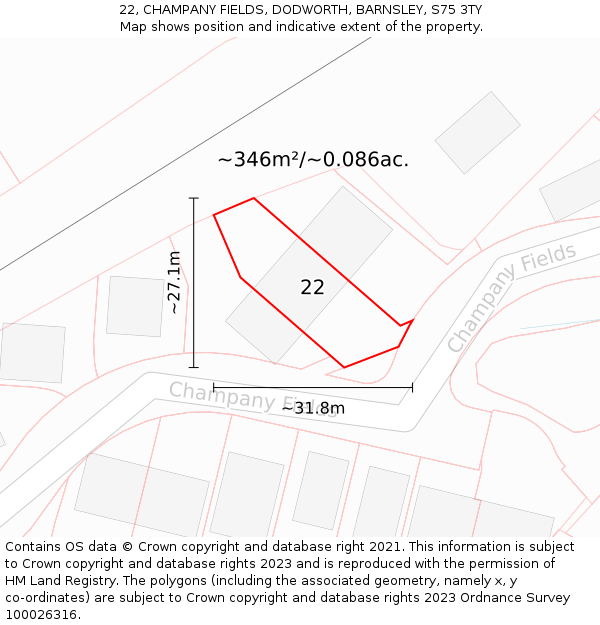 22, CHAMPANY FIELDS, DODWORTH, BARNSLEY, S75 3TY: Plot and title map
