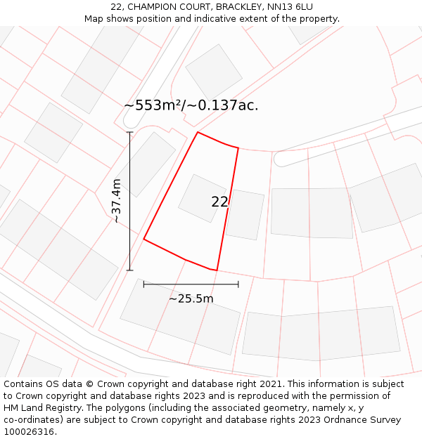 22, CHAMPION COURT, BRACKLEY, NN13 6LU: Plot and title map