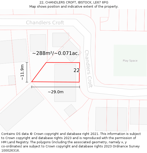 22, CHANDLERS CROFT, IBSTOCK, LE67 6PG: Plot and title map