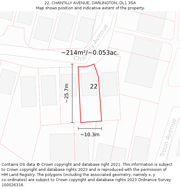 22, CHANTILLY AVENUE, DARLINGTON, DL1 3SA: Plot and title map
