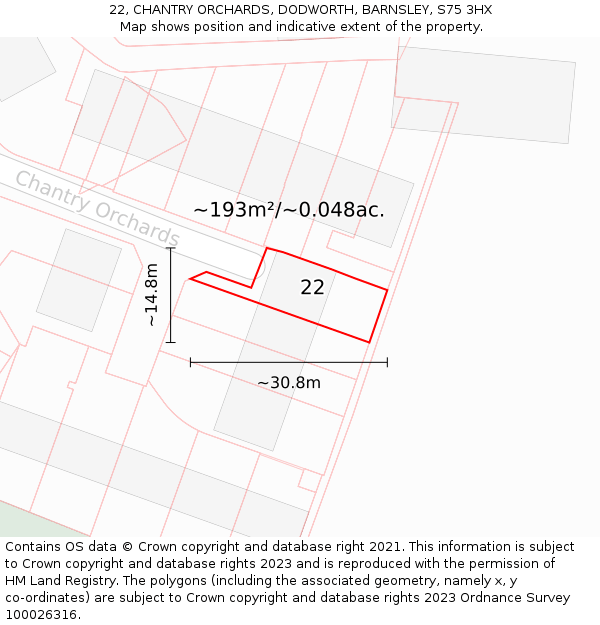 22, CHANTRY ORCHARDS, DODWORTH, BARNSLEY, S75 3HX: Plot and title map