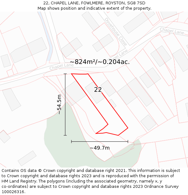 22, CHAPEL LANE, FOWLMERE, ROYSTON, SG8 7SD: Plot and title map