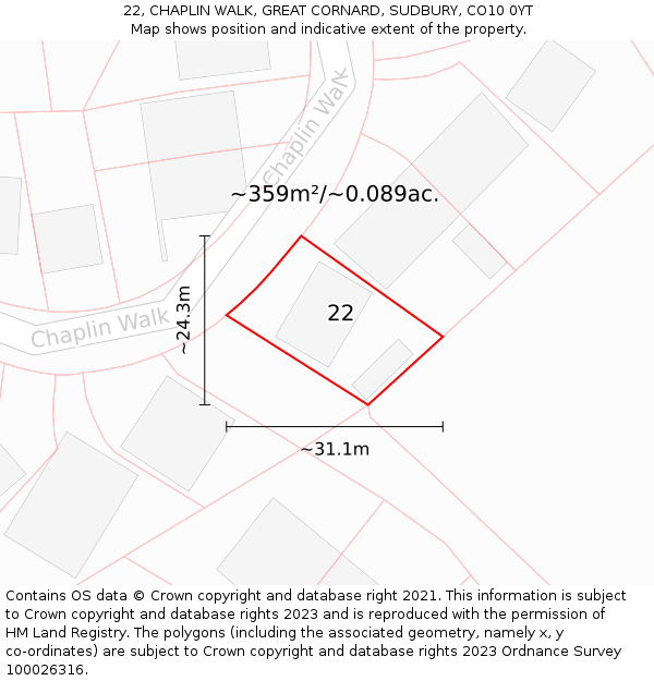 22, CHAPLIN WALK, GREAT CORNARD, SUDBURY, CO10 0YT: Plot and title map