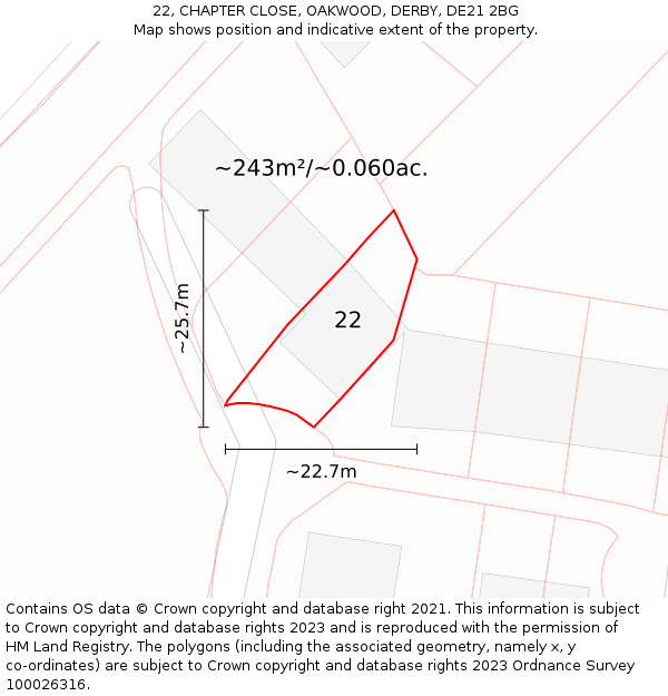 22, CHAPTER CLOSE, OAKWOOD, DERBY, DE21 2BG: Plot and title map