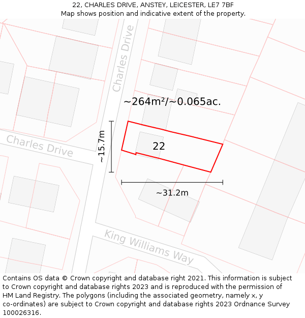 22, CHARLES DRIVE, ANSTEY, LEICESTER, LE7 7BF: Plot and title map