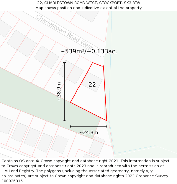22, CHARLESTOWN ROAD WEST, STOCKPORT, SK3 8TW: Plot and title map