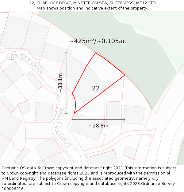 22, CHARLOCK DRIVE, MINSTER ON SEA, SHEERNESS, ME12 3TD: Plot and title map