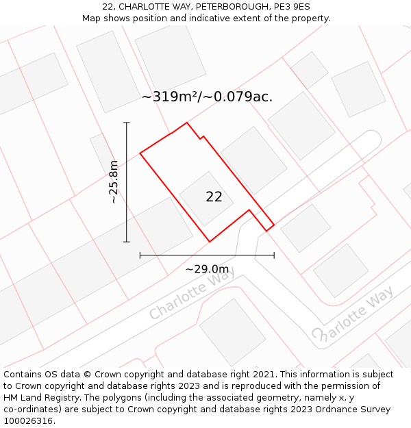 22, CHARLOTTE WAY, PETERBOROUGH, PE3 9ES: Plot and title map