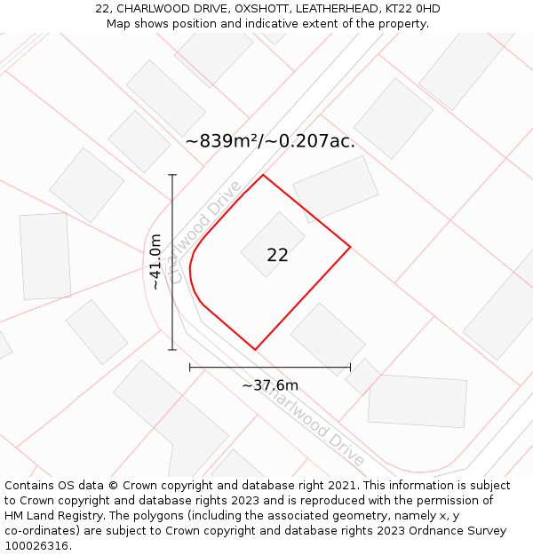 22, CHARLWOOD DRIVE, OXSHOTT, LEATHERHEAD, KT22 0HD: Plot and title map