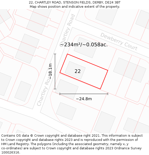 22, CHARTLEY ROAD, STENSON FIELDS, DERBY, DE24 3BT: Plot and title map