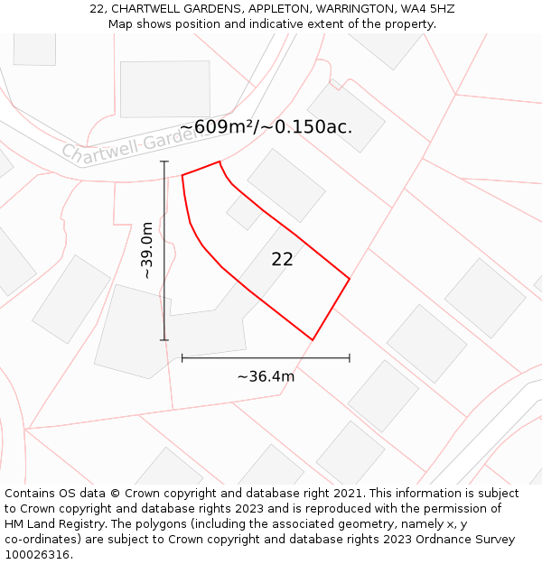 22, CHARTWELL GARDENS, APPLETON, WARRINGTON, WA4 5HZ: Plot and title map