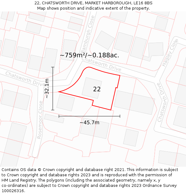 22, CHATSWORTH DRIVE, MARKET HARBOROUGH, LE16 8BS: Plot and title map
