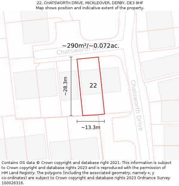 22, CHATSWORTH DRIVE, MICKLEOVER, DERBY, DE3 9HF: Plot and title map