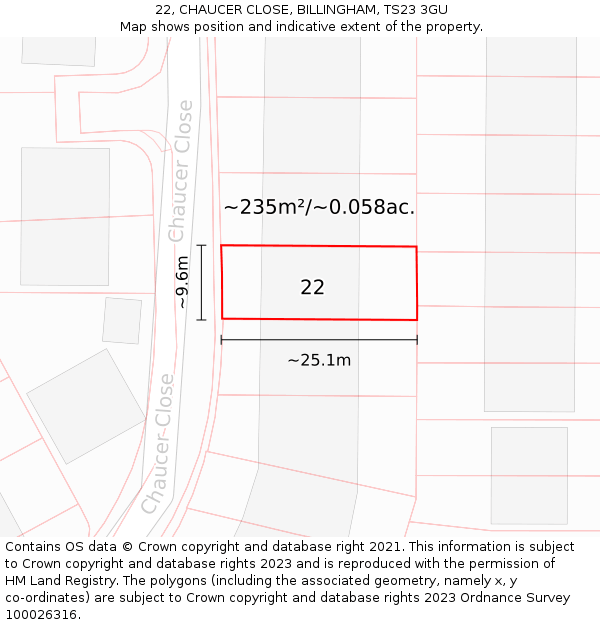 22, CHAUCER CLOSE, BILLINGHAM, TS23 3GU: Plot and title map