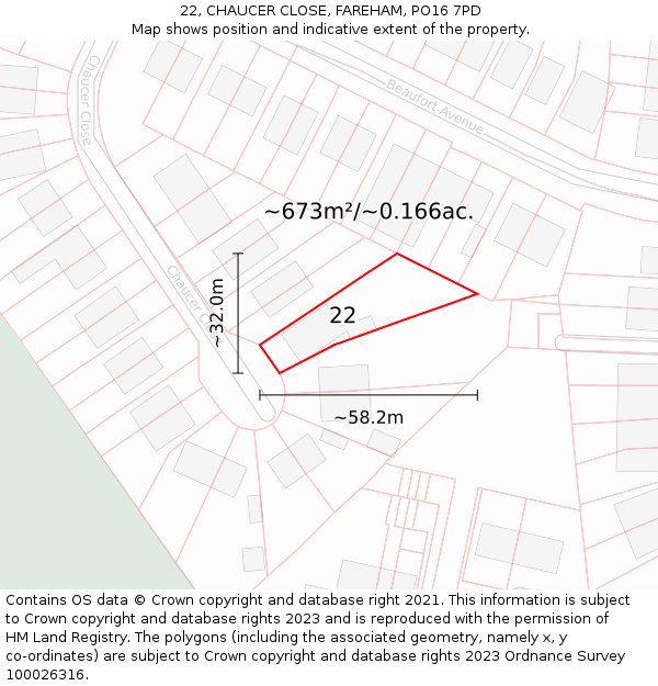 22, CHAUCER CLOSE, FAREHAM, PO16 7PD: Plot and title map